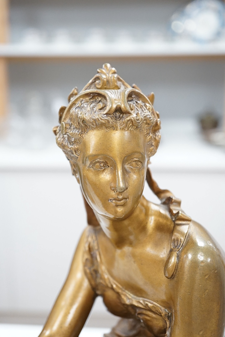 A 19th century lacquered bronze figure, seated classical female, on plinth, 42cm high. Condition - fair to good